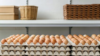 Eggs arranged neatly in cartons on a shelf, alongside wicker baskets and storage boxes, showcasing an organized food display.