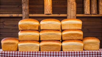 Freshly baked loaves of bread arranged in a neat stack against a rustic wooden background, showcasing their golden crusts.
