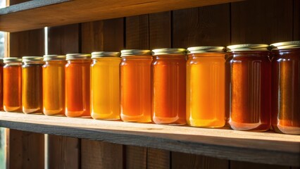 Rows of jars filled with various shades of honey are displayed on a wooden shelf, showcasing their rich colors and textures.