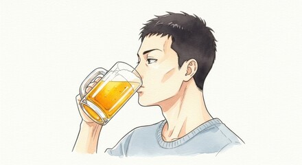 ビールジョッキでビールを飲む男性若者の横顔イラスト