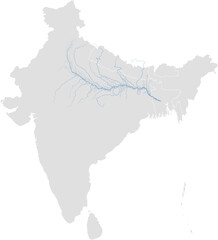 Ganges river system – rivers vector map of India highlighting main stem, primary and secondary tributaries (Web Mercator, scaled by river size, PPT-compatible, multi-layered & fully editable)