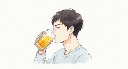 ビールジョッキでビールを飲む男性若者の横顔イラスト
