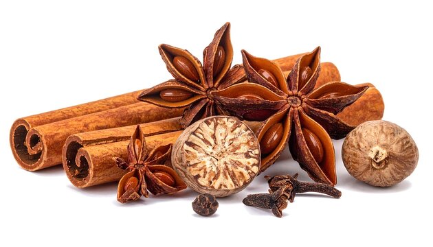 Close-up of aromatic spices: cinnamon sticks, star anise, nutmeg, and cloves