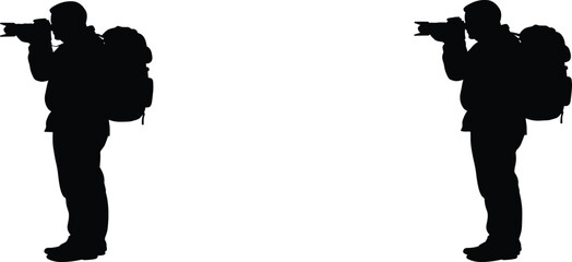 Silhouette of traveler photographer with backpack and camera, outdoor exploration concept, nature photography adventure, professional hiker capturing wilderness moments.