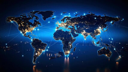 Global network map with city lights connecting continents for digital communication on blue background - Powered by Adobe