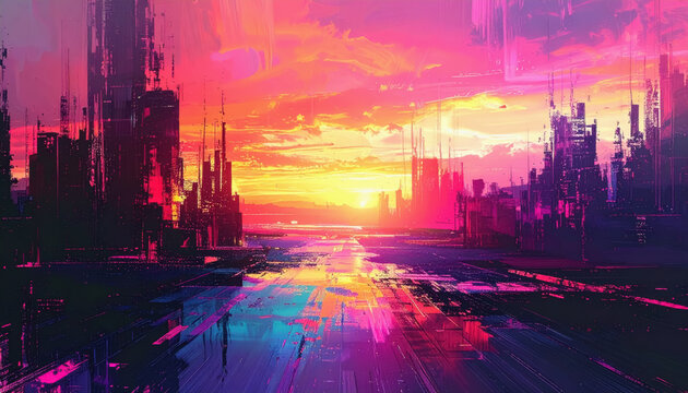 Cityscape with dramatic sunset in background creating a beautiful abstract glitch digital design with vibrant colors - Powered by Adobe