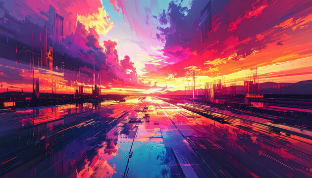 Abstract glitch digital background featuring a beautiful colorful sunset with dramatic sky and vivid visual elements