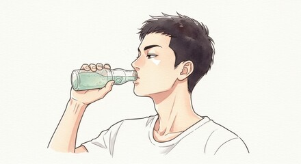 ラムネを飲む若者の横顔イラスト