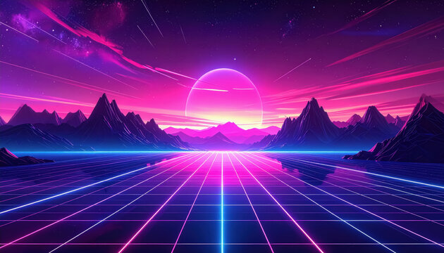 Captivating futuristic cityscape with majestic mountains and a beautiful pink sunset in retro 80s synthwave style