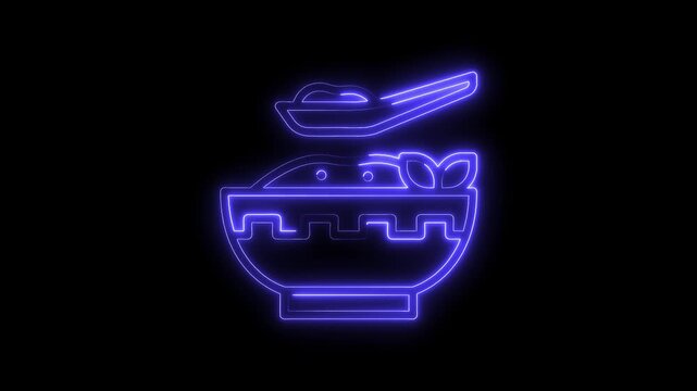 Neon outline of cereal bowl with spoon and fruit for food concept