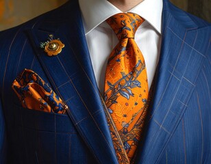 Close-up of a Stylishly Dressed Man in a Blue Suit with an Orange Tie