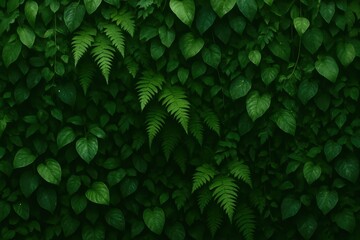 Lush living wall with layered tropical foliage creating dense natural green backdrop