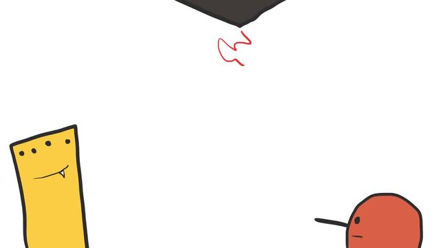 There are fictional animals sticking out at the bottom of the screen on different sides, and at the top there is a triangular figure shooting lightning.