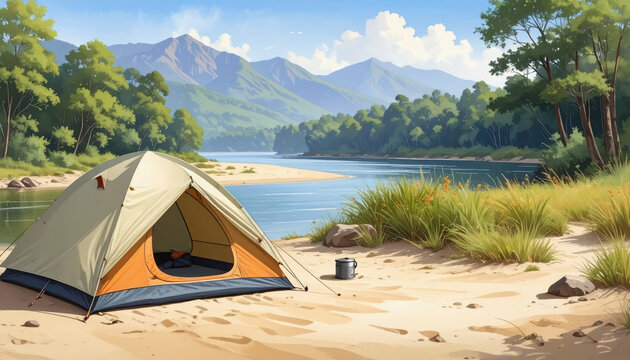 Vibrant camping tent positioned on a picturesque sandy riverside with open space available for text or branding