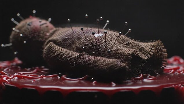 A voodoo doll lying on a blood-soaked surface with pins stuck in it against a dark background.