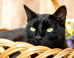Shiny black cat with green eyes in a wicker basket