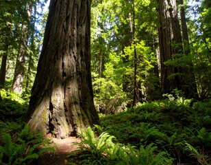 Sunlight filtering through redwood forest