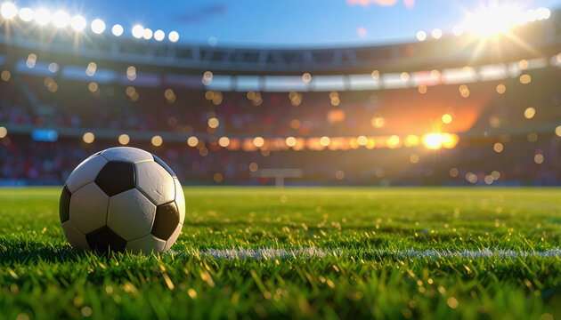 Close-up football with blurred stadium lights in background and copy space for text on soccer field