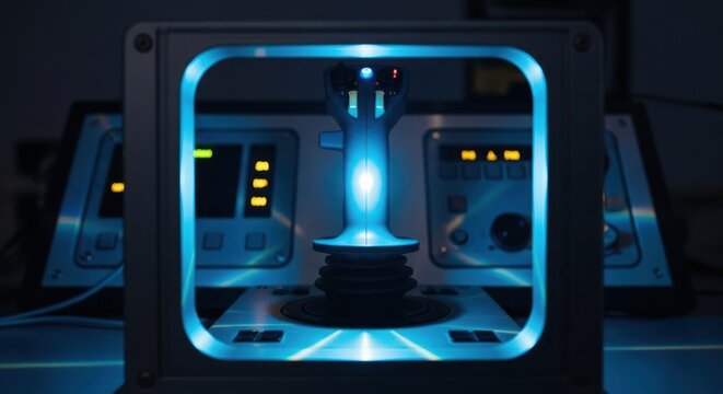 Futuristic control panel with joystick featuring a glowing blue light technology interface