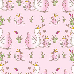 Obraz premium Seamless pattern of swan family with crowns and flowers. Vector illustration.