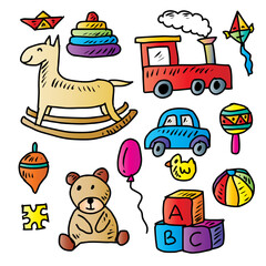 Vector set of hand drawn doodle childrens toys. Vector illustration.