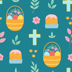 Seamless pattern of Easter icons on a teal background