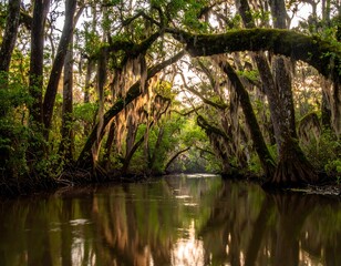 Sunlight filters through a swampy waterway