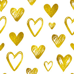 Seamless pattern of gold textured hearts on a white background
