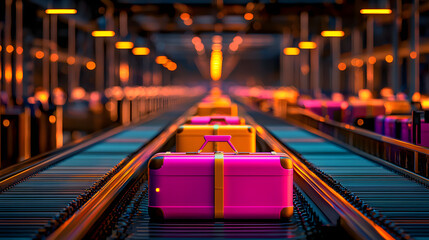 Luggage Conveyor Concept. Colorful luggage on a conveyor belt in a busy setting.
