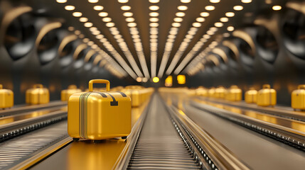 Luggage Conveyor Concept. A bright yellow suitcase on a travel conveyor belt.