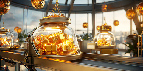 Luggage Conveyor Concept. Modern glass jars filled with treasures in a sleek environment.