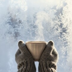 Warm hands holding steaming mug on frosty window