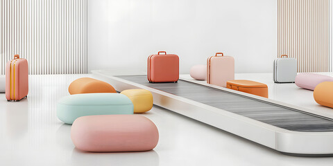 Luggage Conveyor Concept. Modern luggage on a sleek conveyor belt in a minimalist airport.
