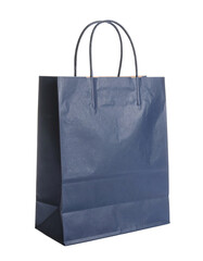 A single dark blue paper shopping bag with handles.