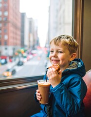 Smiling boy enjoys a snack by a city window