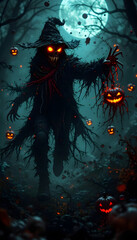 Spooky Witch Scarecrow in Moonlit Halloween Forest