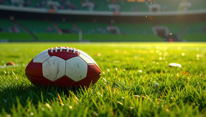 A classic football ball nestled in vibrant green grass with center open space for text and design elements