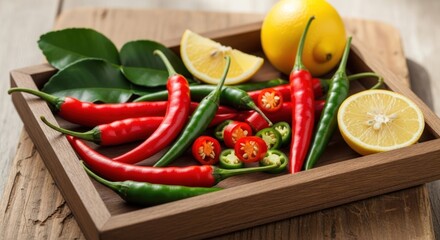A wooden tray displays a vibrant assortment of fresh ingredients, showcasing ripe red and green chilies alongside slices of lemon, alongside aromatic green leaves creating a flavorful composition.