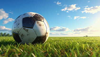 A soccer ball nestled in the fresh green grass surrounded by nature on a clear day ideal for sports photography