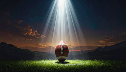 A football ball bathed in bright light from above set against a dark background with room for text and promotion