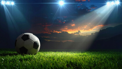A soccer ball illuminated by a spotlight against a dark background with ample copy space for sports and event promotion