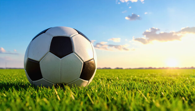 A classic soccer ball resting on a lush green field under a clear blue sky perfect for sports themes and activities