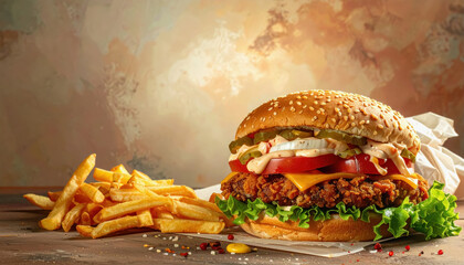 Overindulgent plate of fried chicken with fries served in a messy style perfect for comfort food lovers and copy space