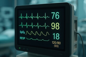 Hospital vital signs monitor displaying heart rate and waveform in clean clinical room with soft bokeh