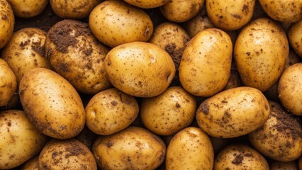 Freshly harvested potatoes covered in soil, showcasing their natural texture and earthy appearance.
