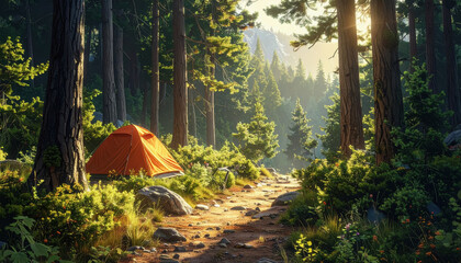 Cozy campsite with a tent surrounded by majestic trees along a forest trail offering beautiful copy space for text