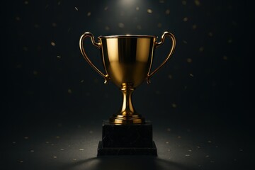 Golden champion trophy on dark marble plinth with spotlight and drifting confetti