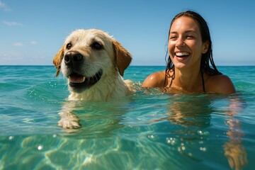 Playful dog and joyful young woman swimming in clear sea under bright summer sunshine