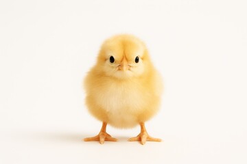 Obraz premium Fluffy yellow chick standing on white seamless studio with soft shadow and detail