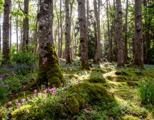 Obraz premium Sunlight streams through a mossy forest floor, vibrant with wildflowers